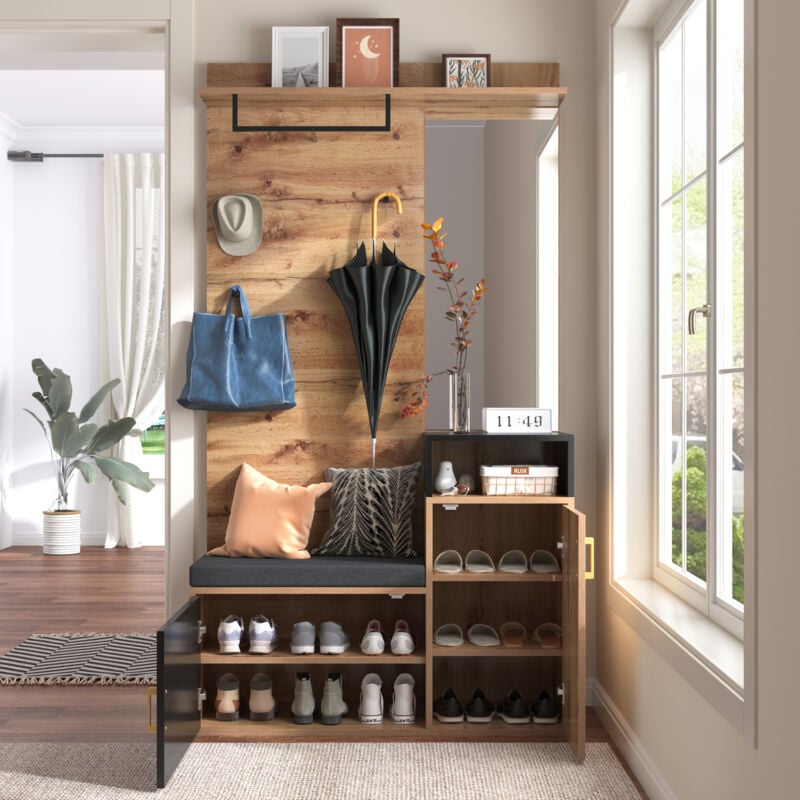 foto del prodotto modfu attaccapanni e appendiabiti 105x40x191,5cm con 4 ganci, specchio, panca e scarpiera, mdf e truciolare, nero non integrato 
