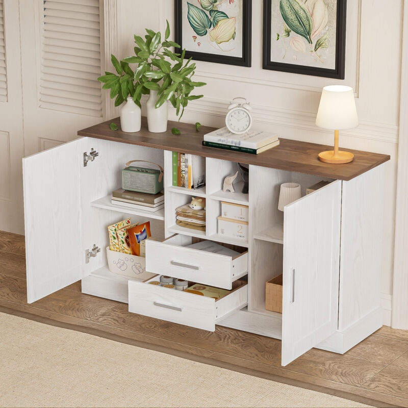 foto del prodotto modfu buffet 140x40x79.5 cm con 2 cassetti e 2 porte, scaffali aperti, truciolato, bianco