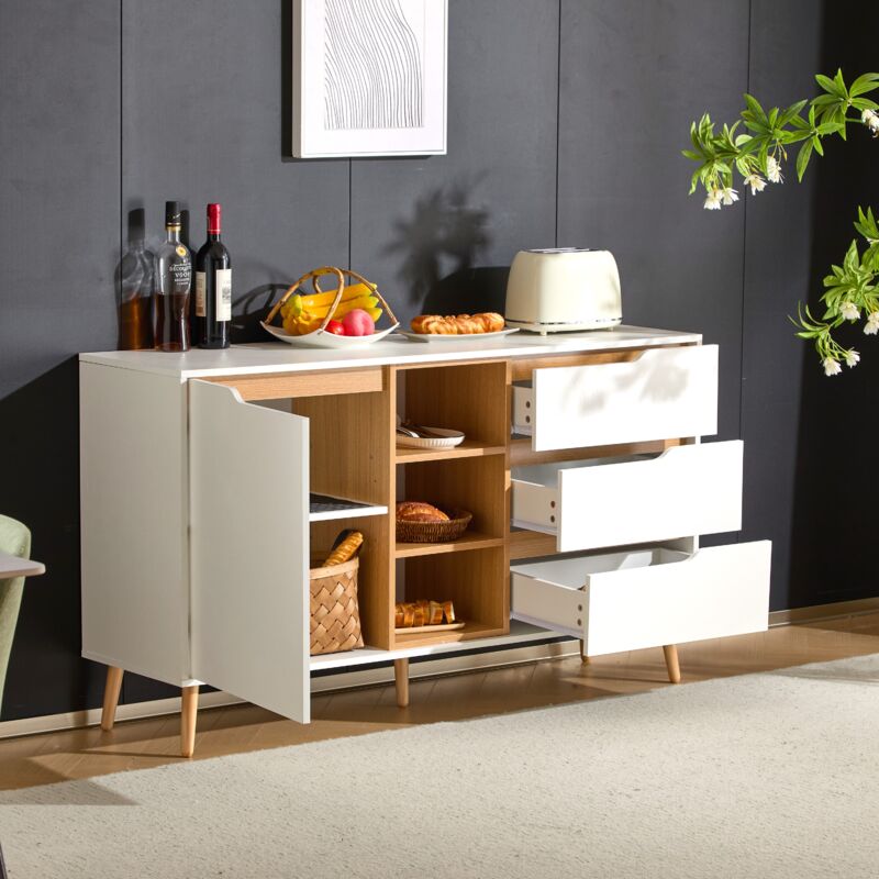 foto del prodotto modfu buffet 140x40x80,5 cm con ripiani regolabili 3 cassetti, maniglie a scomparsa, piedi in legno massello anti ribaltamento, bianco