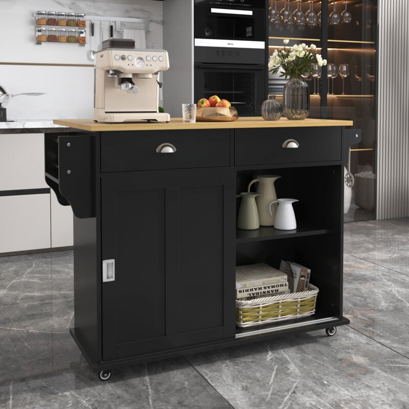 foto del prodotto modfu carrelli da cucina 112x40 70 x94 cm, carrello da pranzo, credenza, piano pieghevole, 2 ante e 2 cassetti, ripiani regolabili, nero