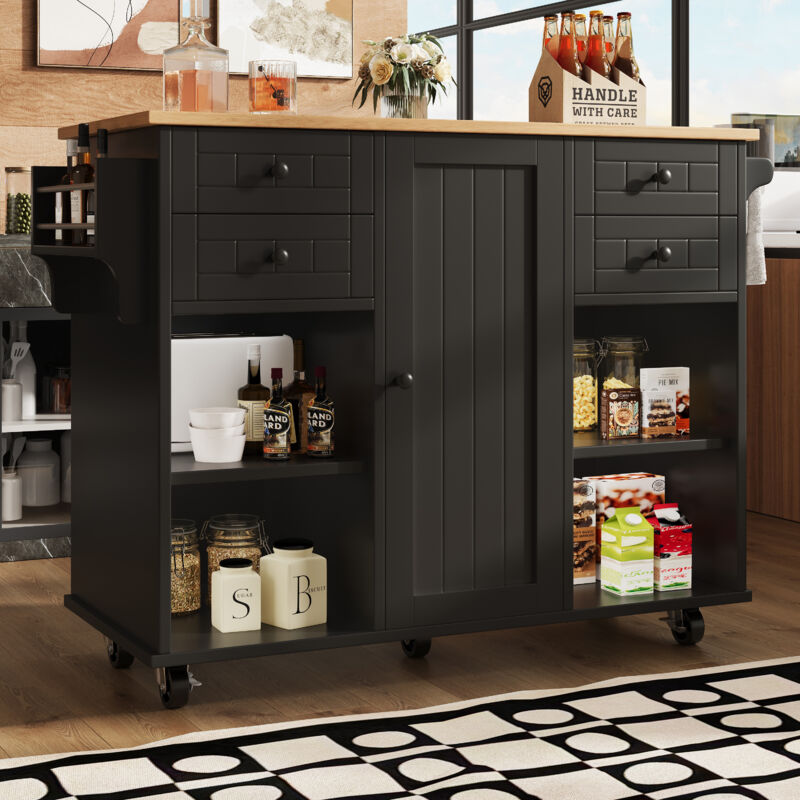 foto del prodotto modfu carrelli da cucina 127x46x91.5cm con tavoli pieghevoli, 4 cassetti 1 anta, credenza, mobile da cucina, mdf e metallo, nero