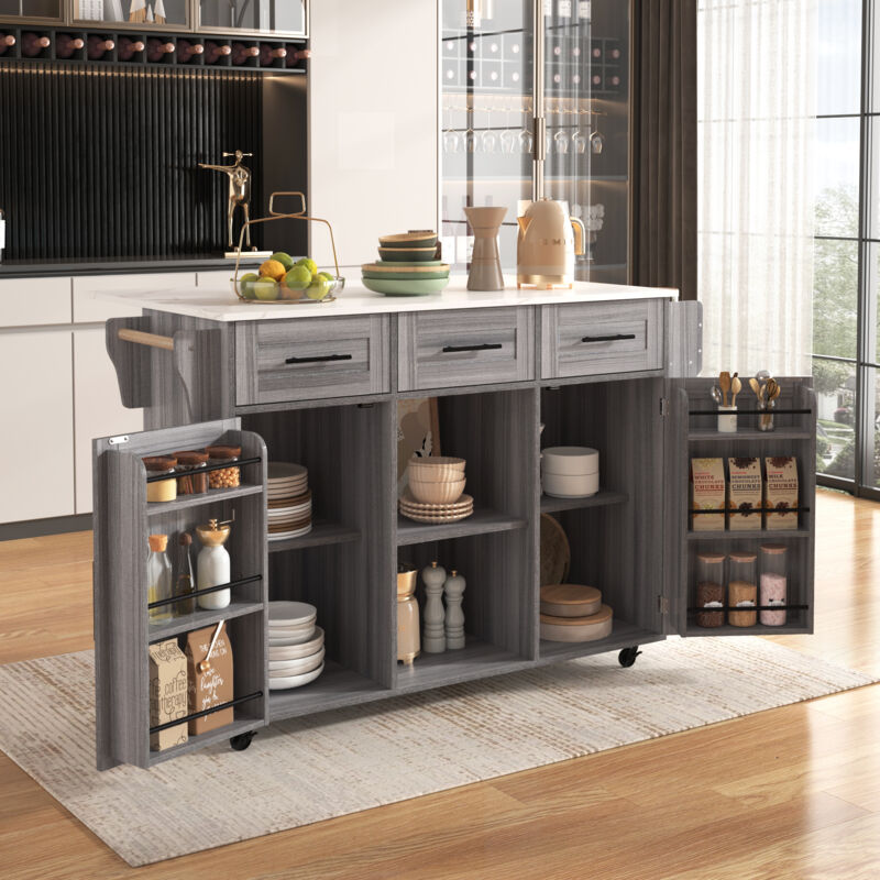 foto del prodotto modfu carrelli da cucina 139x46 71 x91,5 cm con 3 cassetti 2 ante, portasciugamani, tavolo pieghevole, mdf, grigio bianco