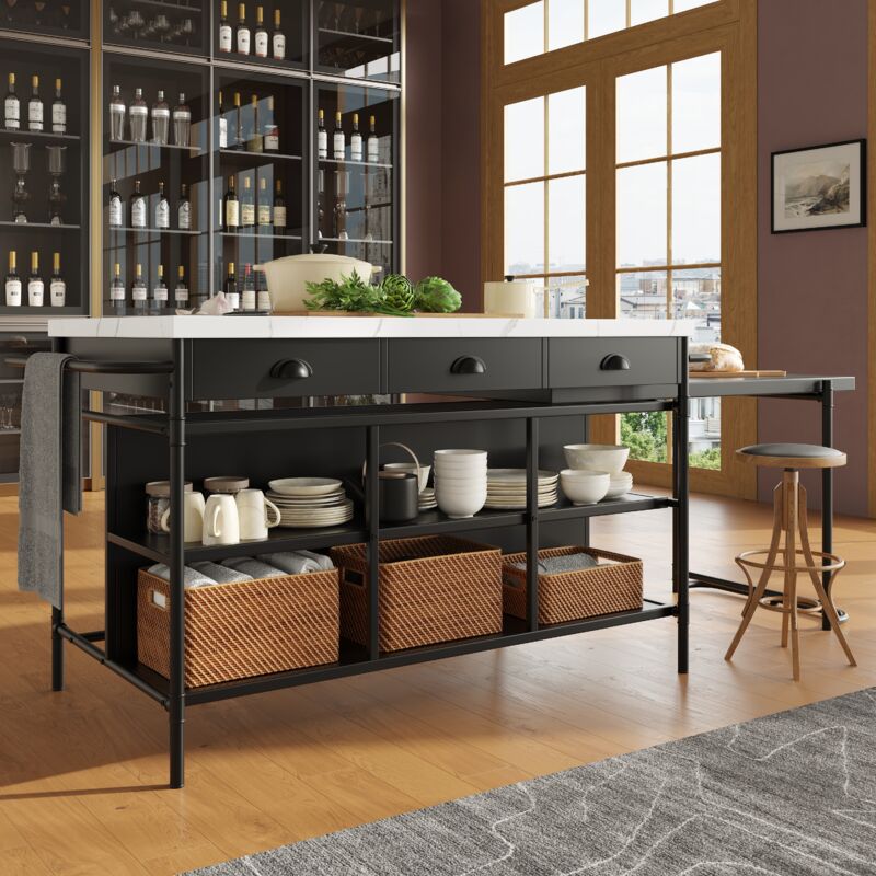 foto del prodotto modfu carrelli da cucina 154x71,9x90cm isola cucina con 3 cassetti, piano in marmo, ripiani, mdf e metallo, bianco nero