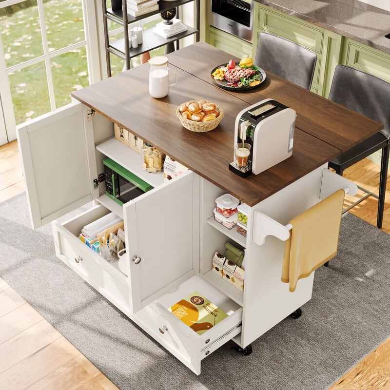 foto del prodotto modfu carrello da cucina 128x40x92.5cm mobile cucina, ripiano regolabile, con cassetto e 2 ante, credenza buffet madie, piano tavolo venature