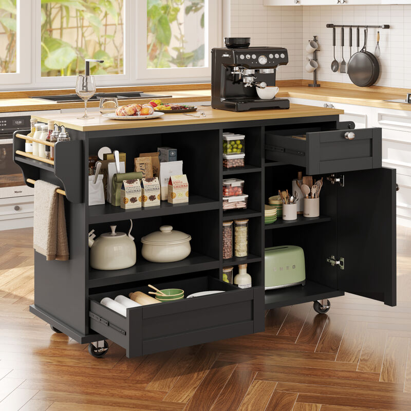 foto del prodotto modfu carrello da cucina carrello da sala da pranzo rotante 129 x 46 x 92 con porte e cassetti di stoccaggio, buffet, multifunzionale, nero