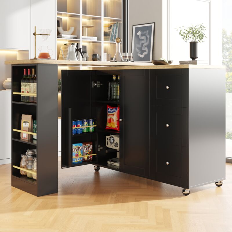 foto del prodotto modfu carrello da cucina con bar a 360 e ruote 138 209x39x106 cm, 3 cassetti e scaffale aperto, nero