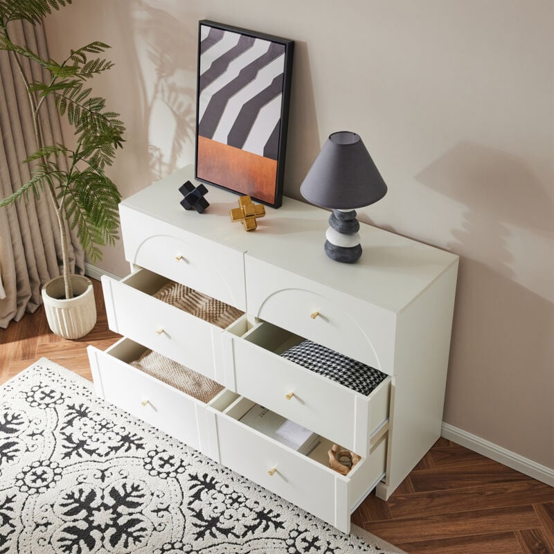 foto del prodotto modfu cassettiera 120x40x82cm con 6 cassetti, credenza, mobile contenitore multiuso, truciolato, bianco