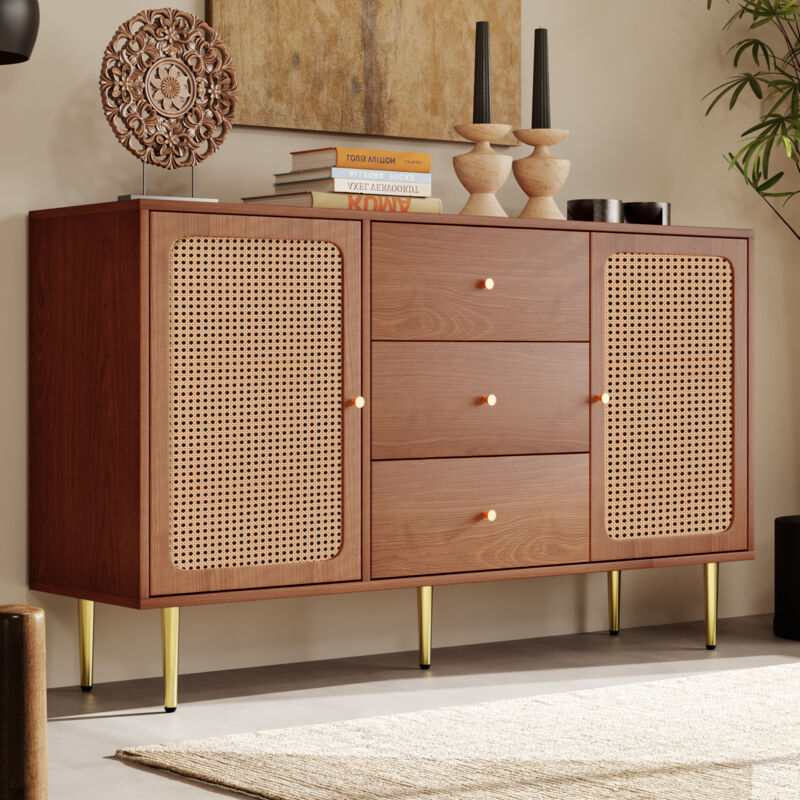 foto del prodotto modfu cassettiera 150x40x90 cm con 3 cassetti 2 ante, credenza, mobile da cucina, legno metallo, marrone