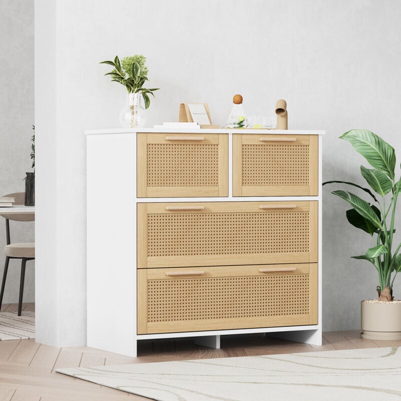 foto del prodotto modfu cassettiere 80x38x80cm con 4 cassetti, credenza, mobile contenitore, mobiletto spogliatoio, mobiletto ingresso, maniglie in legno, mdf,