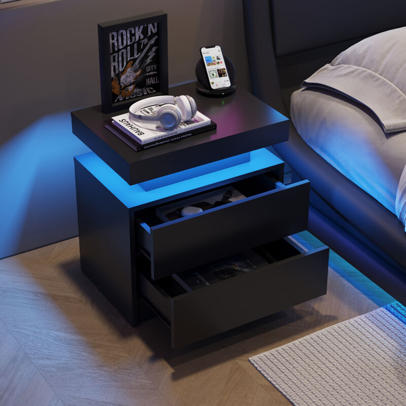foto del prodotto modfu comodini 50x53x36cm con 2 cassetti, cassettiera, led, per camera da letto, legno, nero