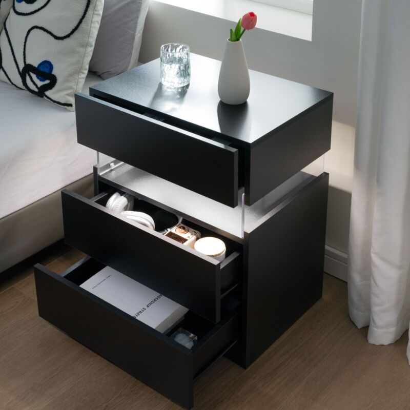 foto del prodotto modfu comodino 48x38x61cm con 3 cassetti, luce led in 3 colori, legno, nero