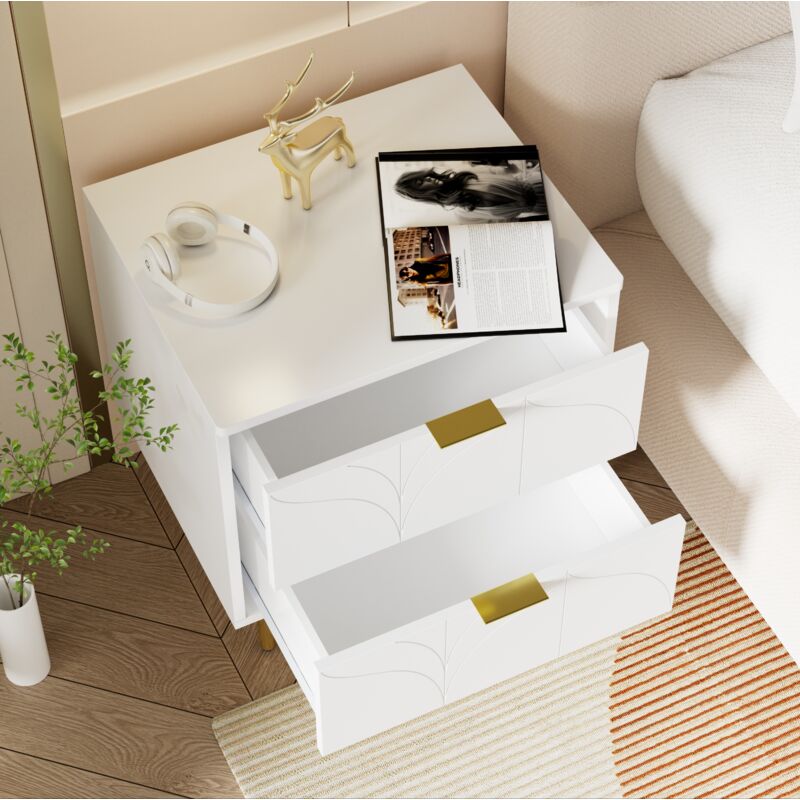foto del prodotto modfu comodino 50x40x54cm con 2 cassetti, con gambe dorate e bottoni, mdf, bianco