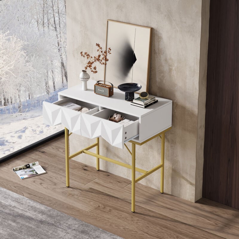 foto del prodotto modfu consolle 80x40x80 cm con 2 cassetti, mobile da ingresso, piede dorato, geometrico tridimensionale, mdf, bianco