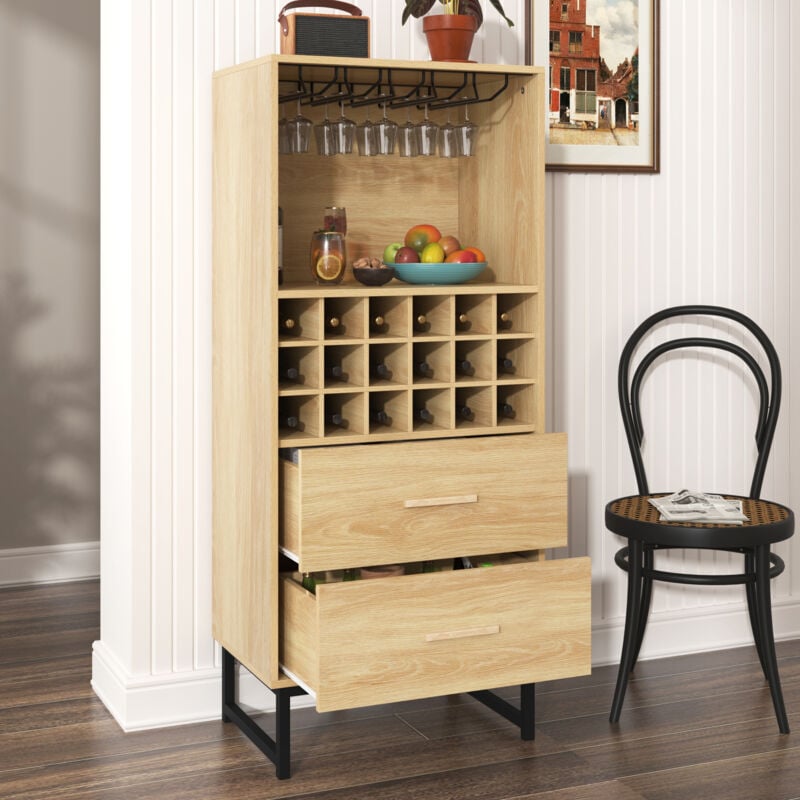 foto del prodotto modfu credenza alta 57x37x122cm mobiletto porta vino, cassettiera con 2 cassetti, 18 scomparti, con porta calici, gambe in metallo nero, colore