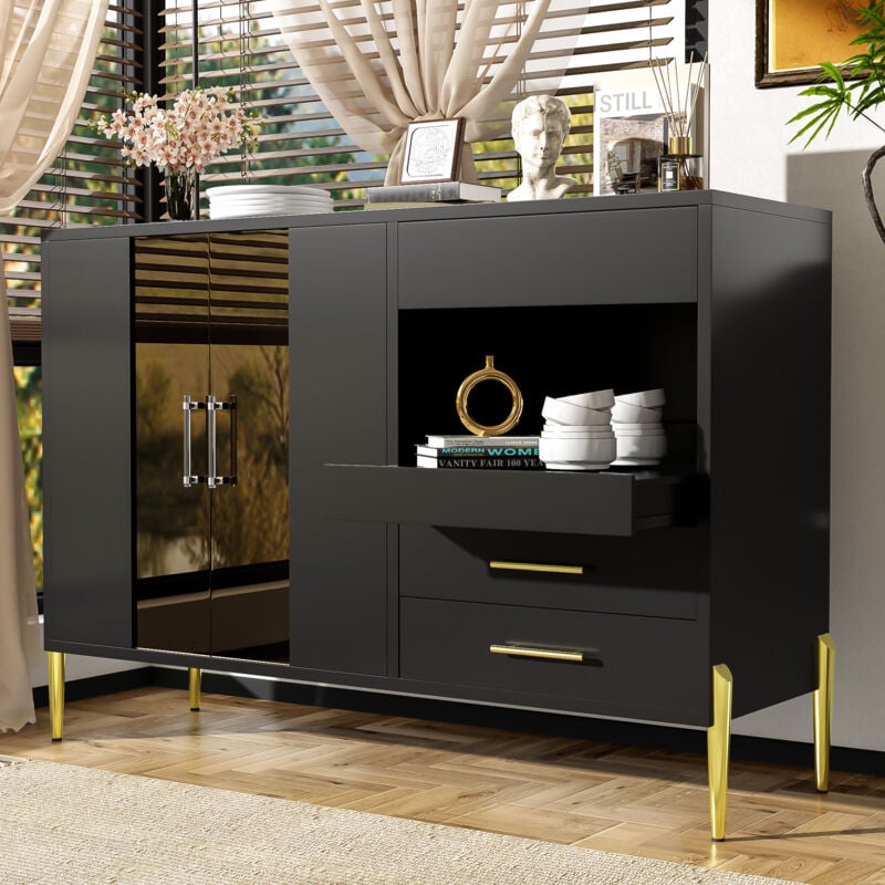 foto del prodotto modfu credenza buffet 120x39,5x84cm con 3 cassetti e 2 ante, maniglie e gambe dorate, mdf vetro metallo, nero