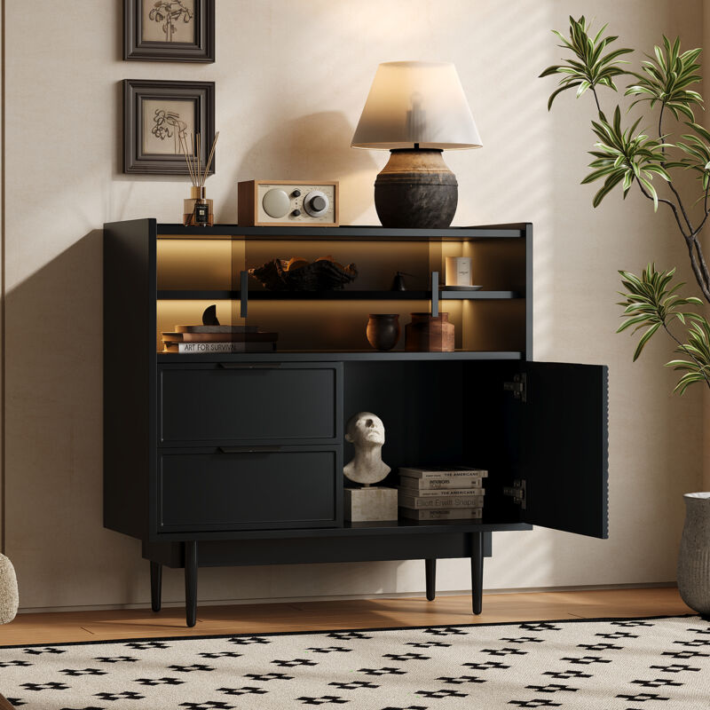 foto del prodotto modfu credenza buffet 80x35x80cm con 2 cassetti, cassettiera, mobiletto da bagno, mobiletto da cucina, led, mdf vetro, nero