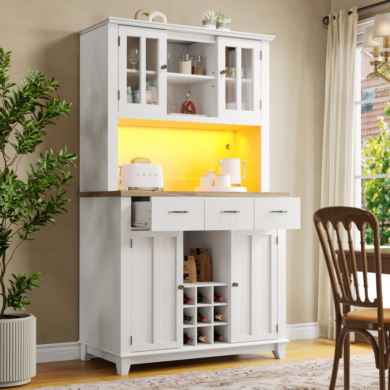 foto del prodotto modfu credenza, buffet e madie 106x40x179,5cm con 3 cassetti, portabottiglie, vetrina, mobile cucina, cassettiera, led, mdf, bianco