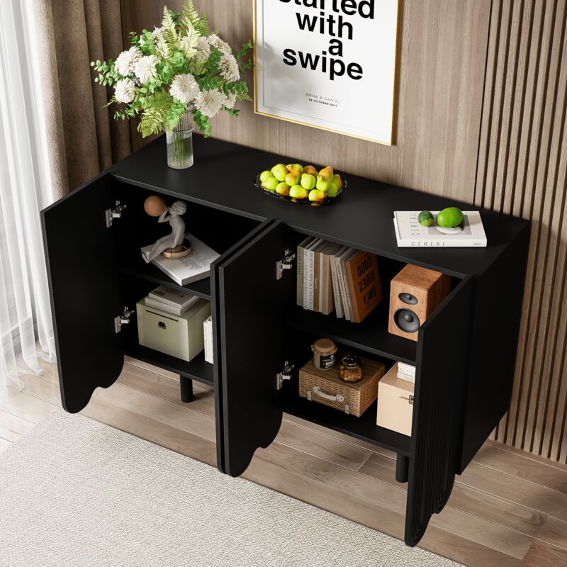 foto del prodotto modfu credenza, buffet e madie 120x37,5x80,8cm con 4 ante, mobile da cucina, strisce a u, soggiorno camera da letto, pannello di particelle, nero