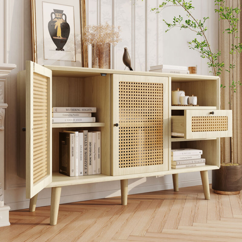 foto del prodotto modfu credenza, buffet e madie 120x40x78cm con 1 cassetto 2 ante, cassettiera, design rattan, ripiani regolabili, mdf, colore rovere