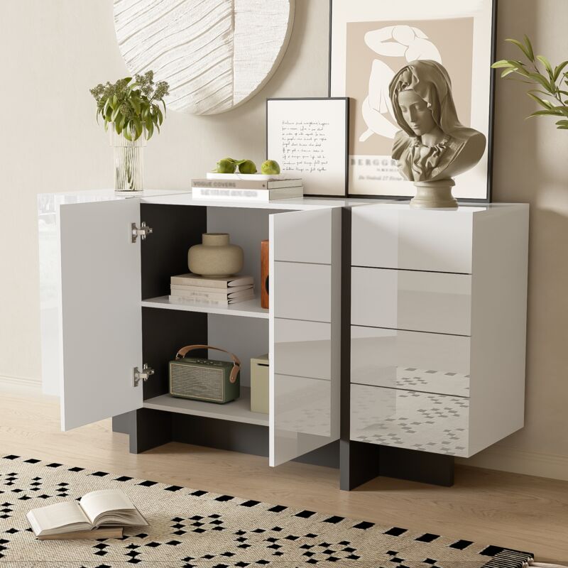 foto del prodotto modfu credenza, buffet e madie 150x40x80,5cm con 4 cassetti 3 ante, mobile da cucina, mdf e truciolare, bianco e nero
