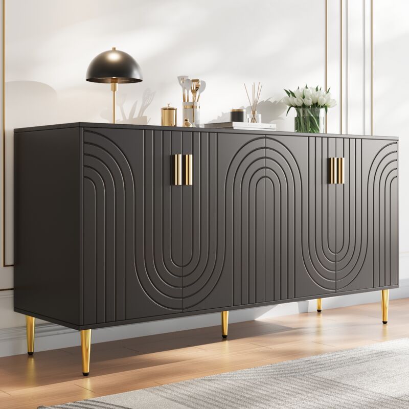 foto del prodotto modfu credenza, buffet e madie 152x40x75cm con 4 ante, mobile da cucina, maniglie e gambe dorate, design linee ondulate, mdf, nero