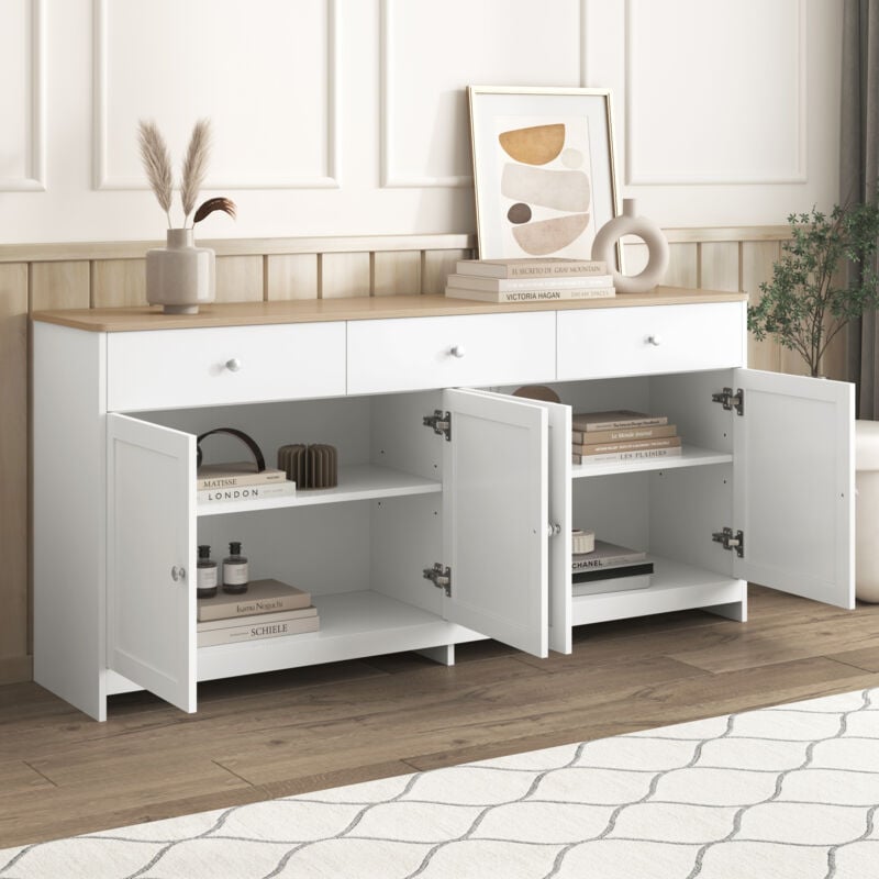 foto del prodotto modfu credenza, buffet e madie 160x37x75cm con 3 cassetti e 4 ante, mobile cucina, cassettiera per soggiorno pranzo, mdf, bianco
