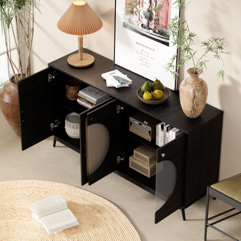 foto del prodotto modfu credenza, buffet e madie 160x40x80cm con 4 ante, design semicircolare in vetro, cucina soggiorno camera da letto, pannello truciolare, nero