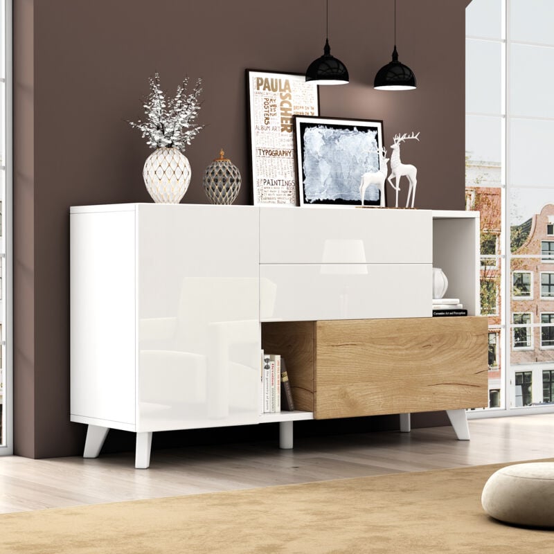 foto del prodotto modfu credenza buffet madie 120x40x75cm con 2 cassetti 2 ante, cassettiera, mobile cucina, pannello truciolare, bianco