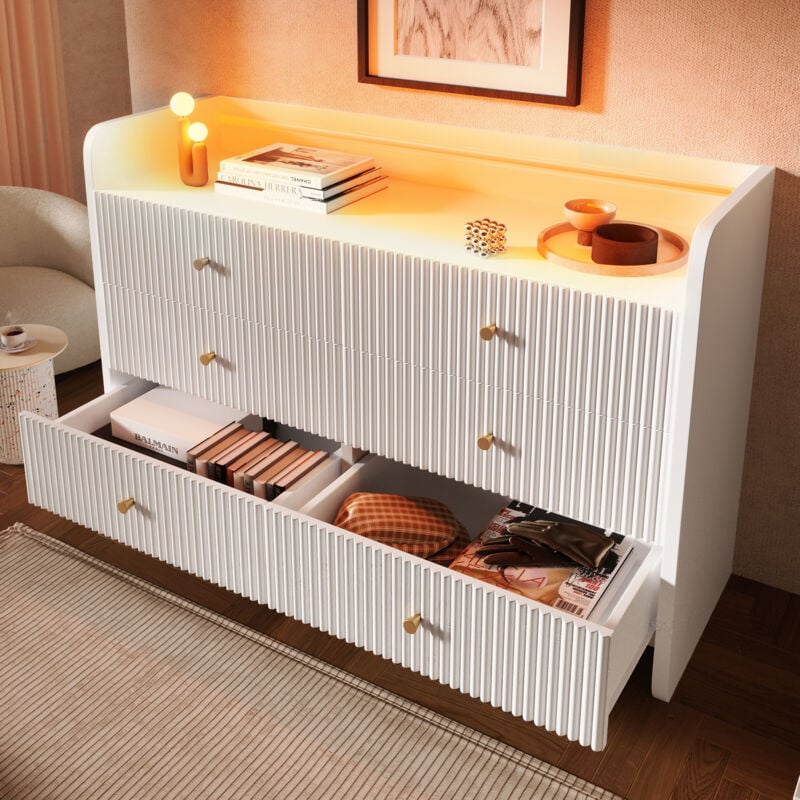 foto del prodotto modfu credenza buffet madie 120x40x75cm con 6 cassetti, cassettiera, mobile cucina, led, pannello truciolare, bianco