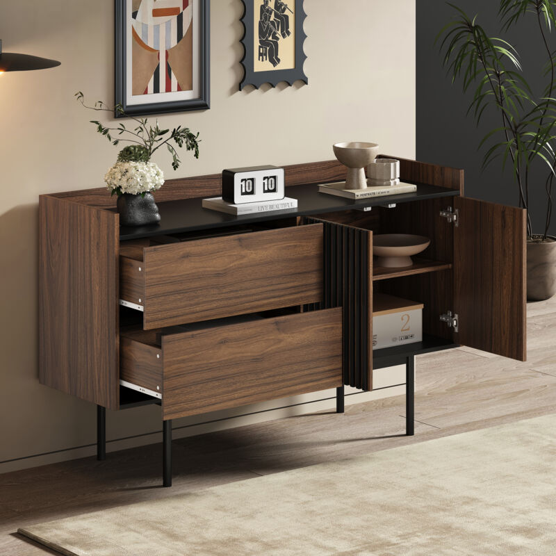 foto del prodotto modfu credenza buffet madie 130x40x80,5cm cassettiera, 2 cassetti 2 ante, mobile da cucina con ripiani regolabili, mdf, nero marrone scuro