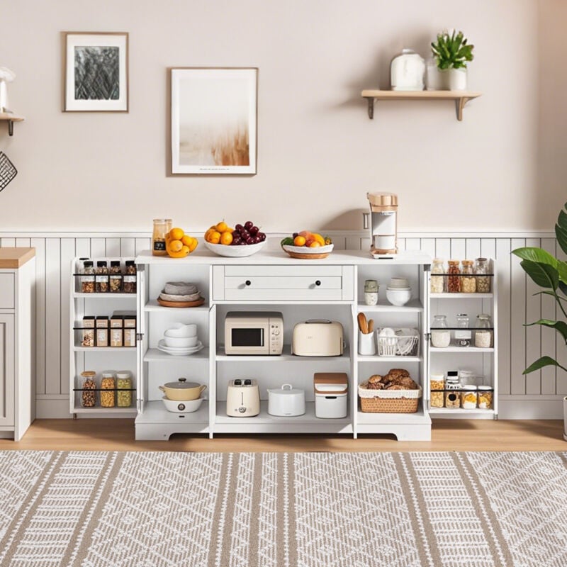 foto del prodotto modfu credenza buffet madie 138x40x85cm mobile da cucina, cassettiera con 1 cassetto 4 ante, ripiani regolabili, multifunzionale, mdf, bianco