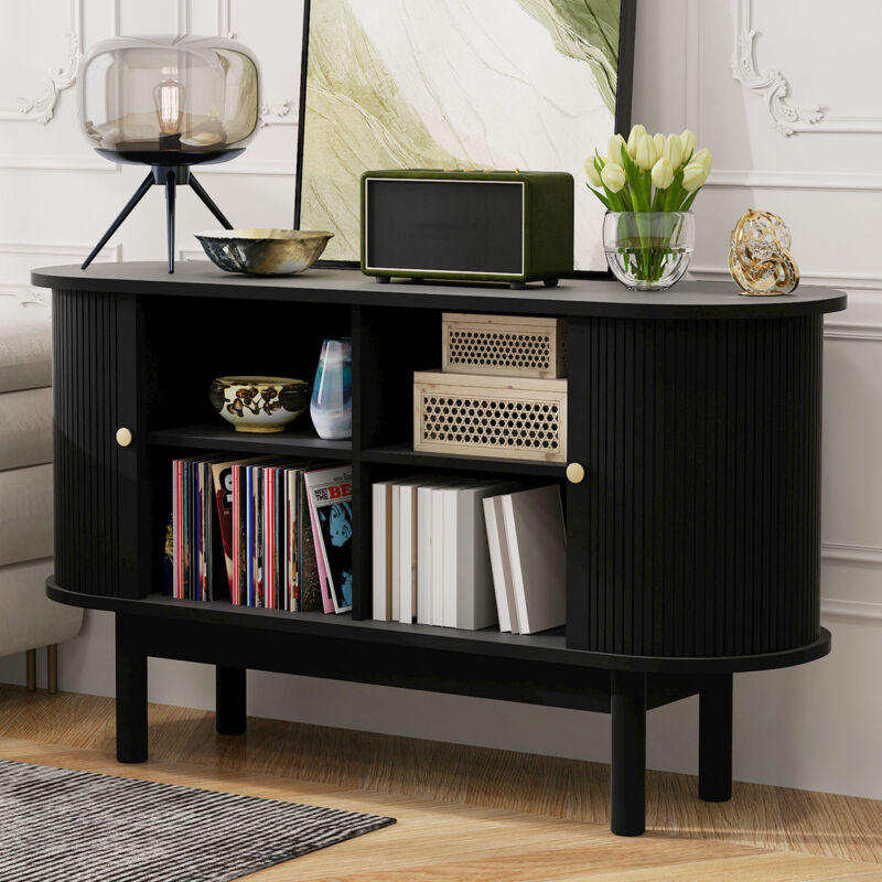 foto del prodotto modfu credenza buffet madie 138x43x75cm con 2 ante scorrevoli, ripiani regolabili, mobile cucina, mdf, nero