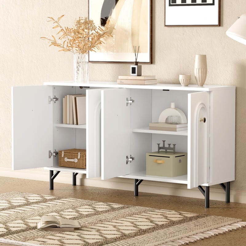foto del prodotto modfu credenza buffet madie 140x34x78cm con 4 ante, mobile cucina con ripiani regolabili, pannello truciolare, bianco