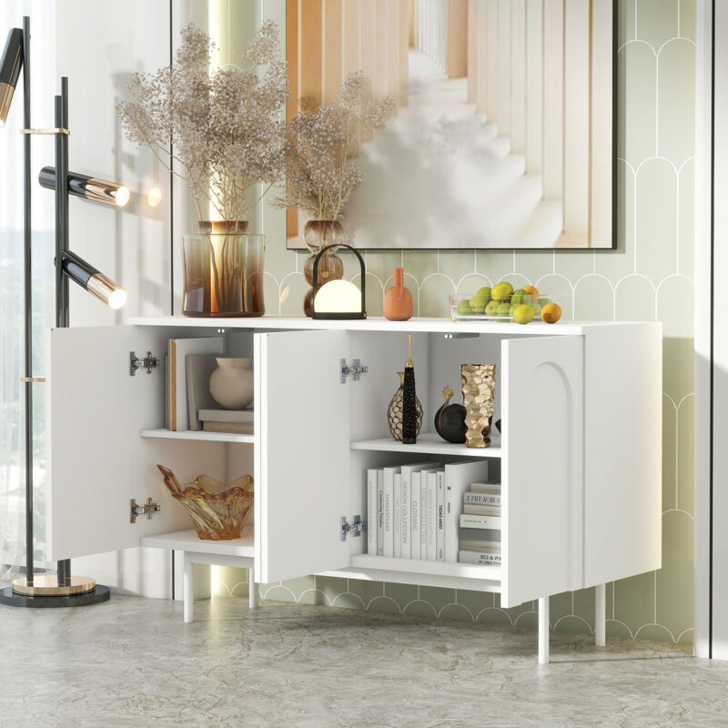 foto del prodotto modfu credenza buffet madie 140x42x80cm con 4 ante, mobile cucina, mdf, bianco