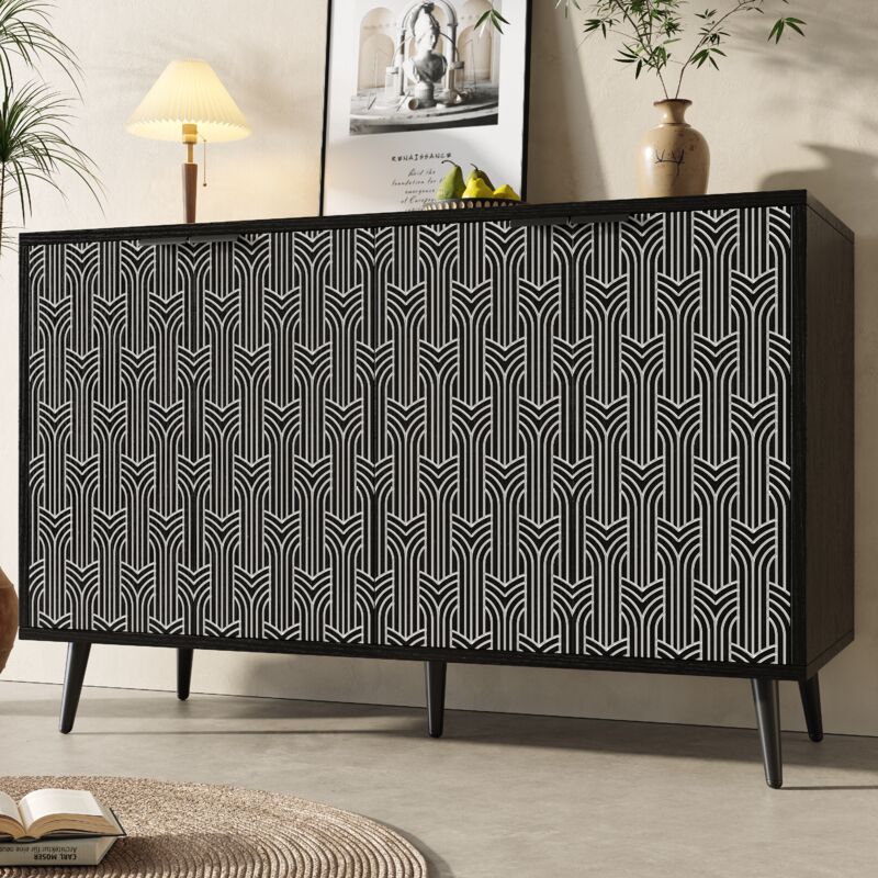 foto del prodotto modfu credenza e buffet 120x35x78cm con 4 ante, mobile da cucina, design intagliato, mdf, nero
