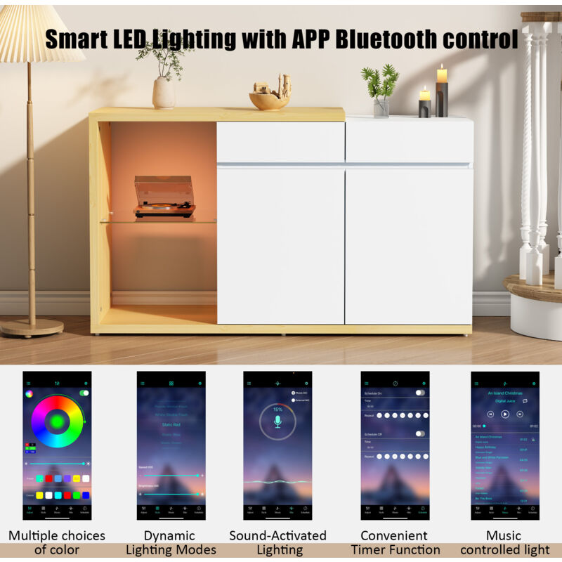 foto del prodotto modfu credenza e buffet 120x40x70cm cassettiera, 2 cassetti e 2 ante, mobile contenitore multiuso, soggiorno camera da letto, truciolare e vetro,