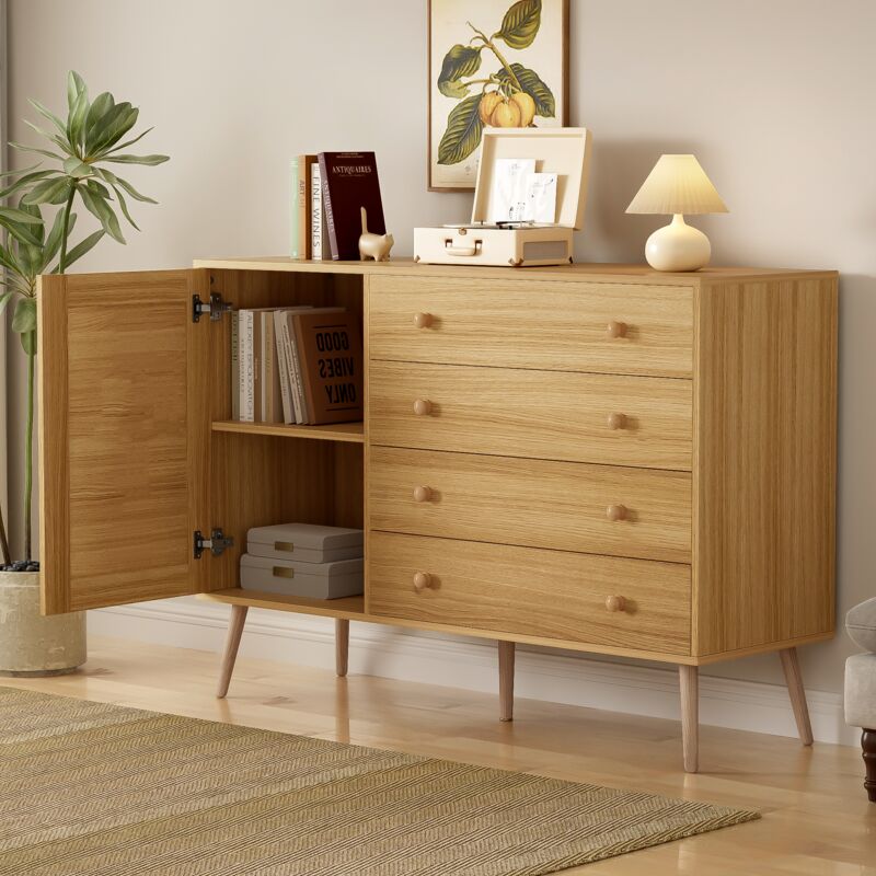 foto del prodotto modfu credenza e buffet 120x40x83cm con 4 cassetti 1 anta, cassettiera, mobile cucina, per sala da pranzo camera da letto, pannello mdf e