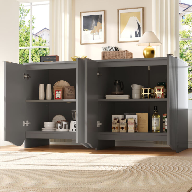 foto del prodotto modfu credenza e buffet 140x40x85cm con 4 ante, mobile cucina, mobile contenitore, strisce verticali, mdf, sala da pranzo soggiorno, grigio