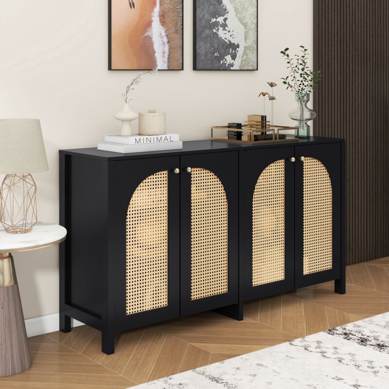 foto del prodotto modfu credenza e buffet 145x40x80cm con 3 ante, mobile cucina, maniglie in metallo, per soggiorno camera da letto, mdf, nero