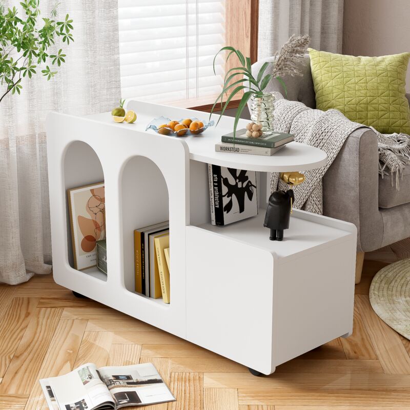 foto del prodotto modfu credenza e buffet 82x30x53cm su ruote, carrello mobiletto portaoggetti con 1 cassetto, pannello truciolare, bianco
