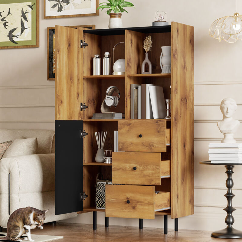 foto del prodotto modfu credenza e buffet 83x40x160cm con 3 cassetti 2 ante, cassettiera, mobile cucina, mdf e pannello truciolare, nero marrone chiaro