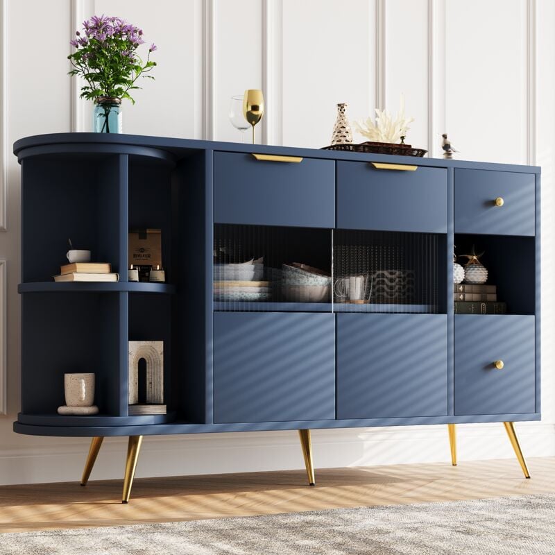 foto del prodotto modfu credenza soggiorno 130x40x80cm cassettiera, 2 cassetti, ante in vetro, ripiani portaoggetti aperti, led, mdf, blu navy