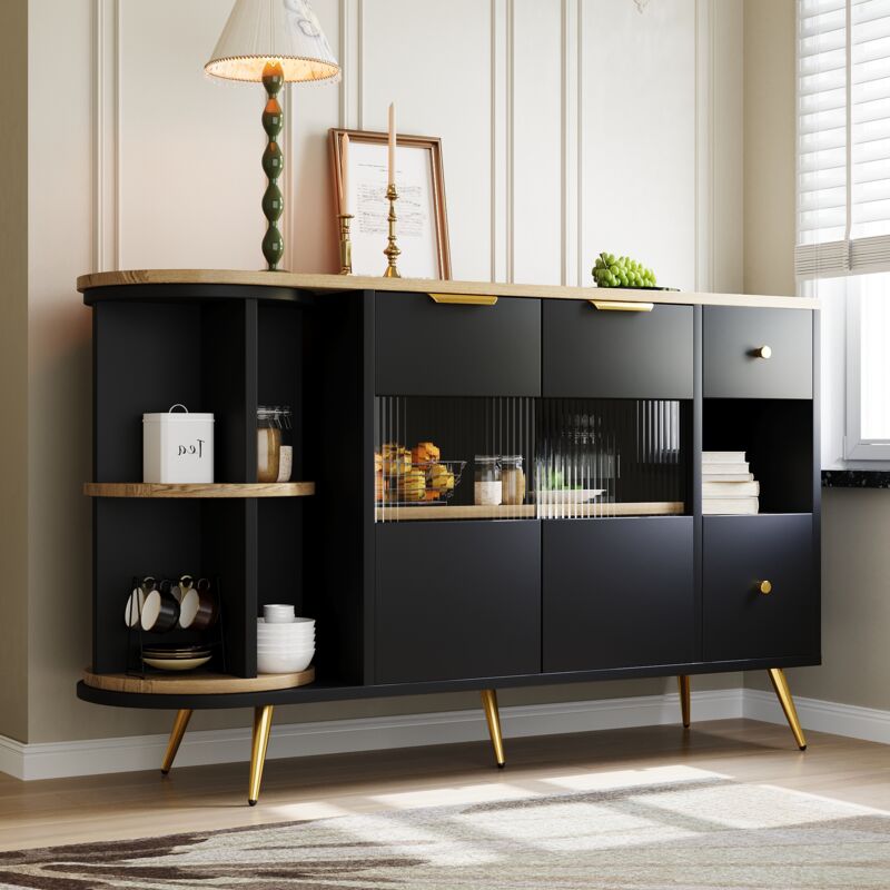 foto del prodotto modfu credenza soggiorno 130x40x80cm cassettiera, 2 cassetti, ante in vetro, ripiani portaoggetti aperti, led, mdf, nero