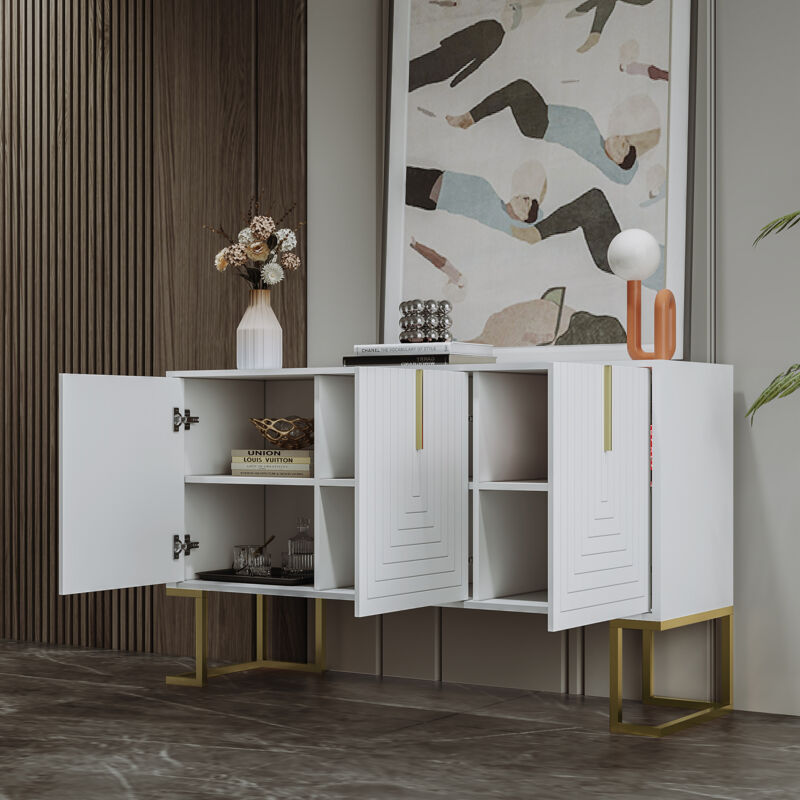 foto del prodotto modfu credenza soggiorno 138x40x80,5cm con 3 ante, mobile cucina, maniglie e gambe in metallo, ripiani regolabili, mobiletto portaoggetti, mdf,
