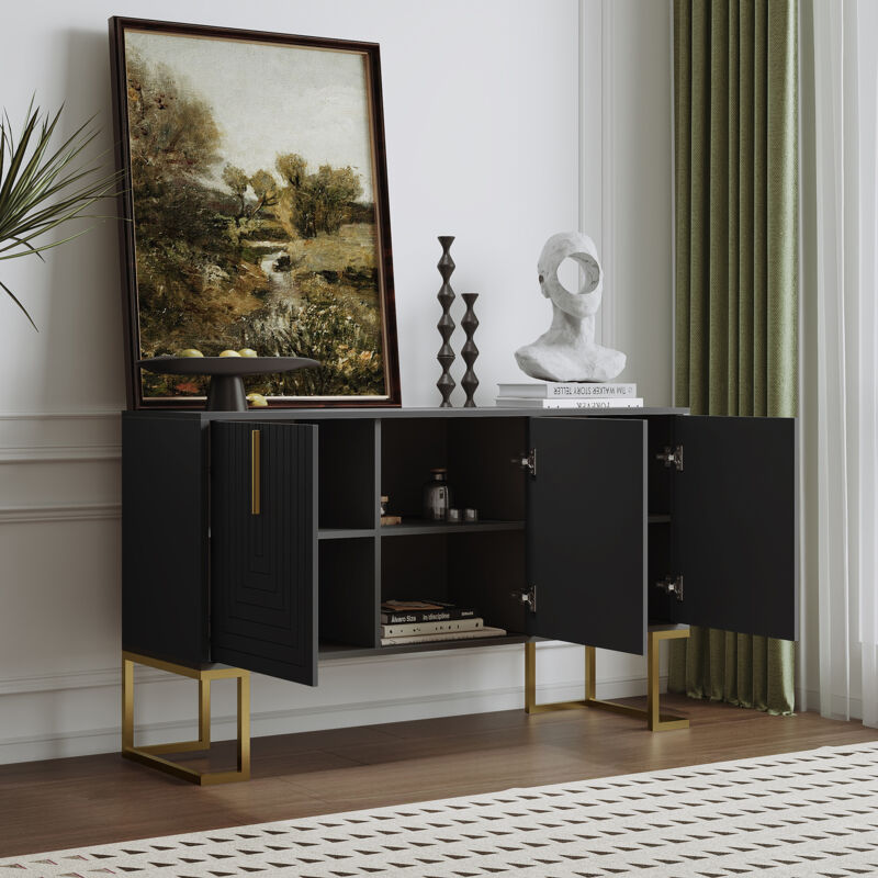 foto del prodotto modfu credenza soggiorno 138x40x80,5cm con 3 ante, mobile cucina, maniglie e gambe in metallo, ripiani regolabili, mobiletto portaoggetti, mdf, nero