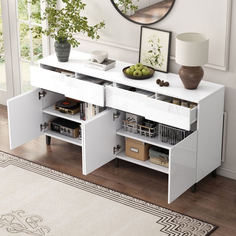foto del prodotto modfu credenza soggiorno 160x40x68 cm, con 2 ante 4 cassetti, divisori regolabili in altezza, credenza e buffet bianche, bianco