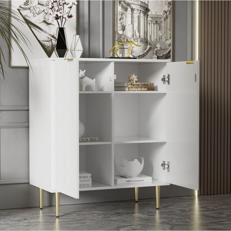 foto del prodotto modfu credenza soggiorno, grande capacit di stoccaggio, multiuso, maniglie e gambe placcate oro, mdf e lamiera di acciaio, bianco 75x40x90cm