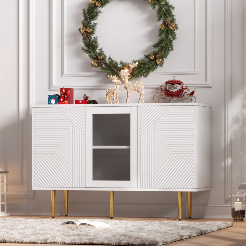 foto del prodotto modfu credenze, buffet e madie 120x38x79,5cm con 3 ante, mobile da cucina, gambe in metallo, truciolare e vetro, bianco