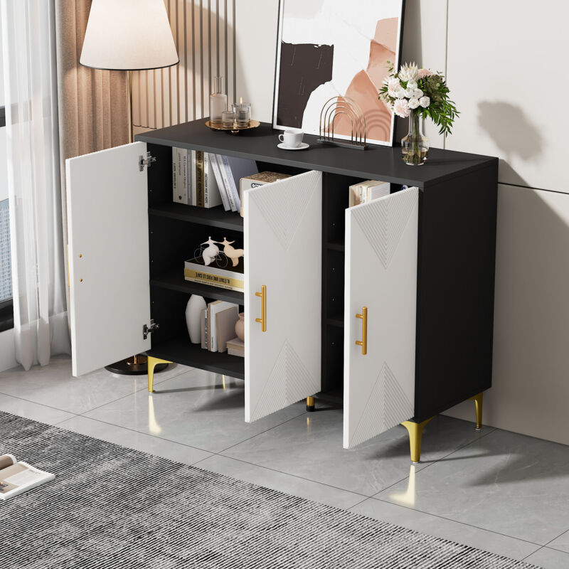 foto del prodotto modfu credenze, buffet e madie 120x40x88cm mobile cucina con 3 ante, maniglie e gambe dorate, mdf e truciolato, camera da letto pranzo soggiorno,