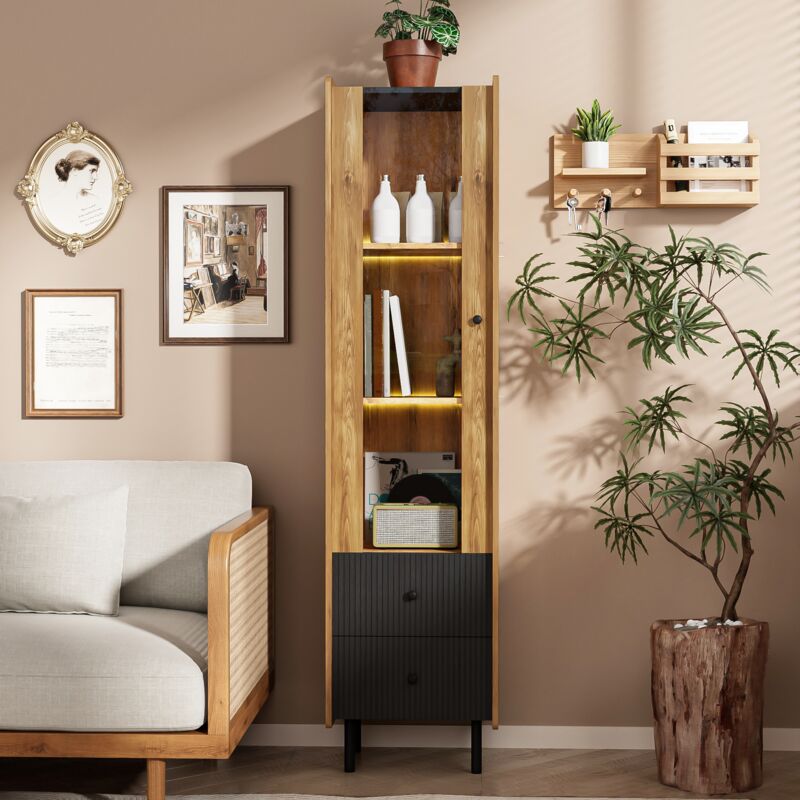 foto del prodotto modfu credenze, buffet e madie 180x44x40cm cassettiera con 2 cassetti, mobile alto, anta in vetro, led, mdf e truciolare, colore nero e legno